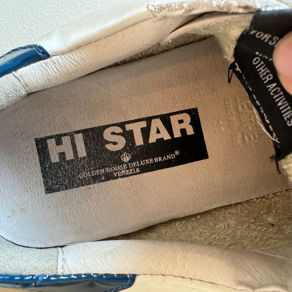 Golden Goose Hi Star Sneakers Womens EU 38 White Leather Glitter Star Blue Heel - Picture 13 of 15